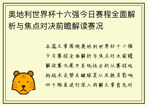 奥地利世界杯十六强今日赛程全面解析与焦点对决前瞻解读赛况